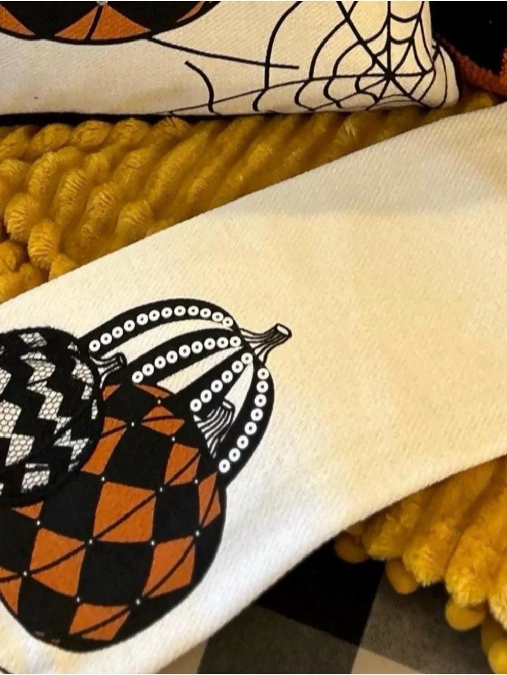 Fall Sequin Pumpkin Kitchen Towels - Black & Orange on Cream